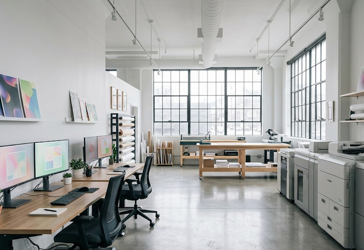 A modern commercial print studio interior with designer workstations and digital production presses